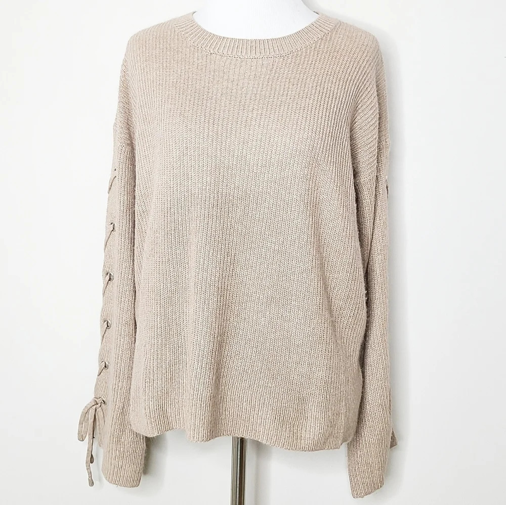 Olivaceous Beige Sweater with Lace-Up Sleeves
